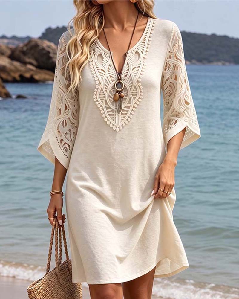 V-Neck Lace Solid Color Dress
