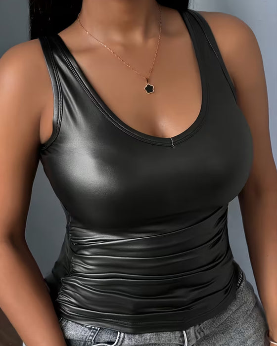 Solid Color U-Neck Shirred Tank Top