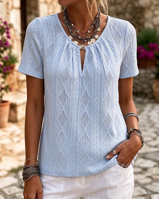 Diamond Jacquard Short Sleeve Solid Blouse