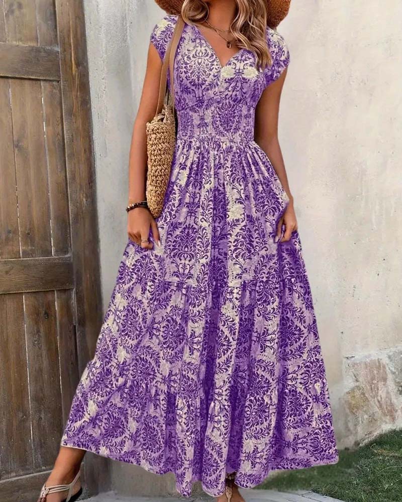 Retro Print V-Neck Cinched Waist Long Dress