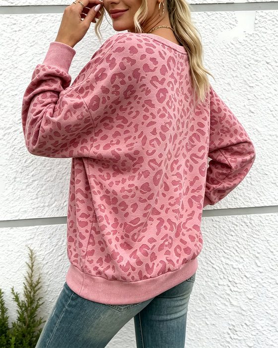 Leopard Crewneck Drop Shoulder Pullover Sweatshirt