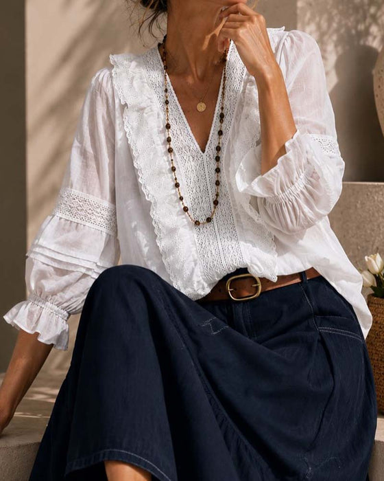 V-Neck Solid Color Lace Blouse