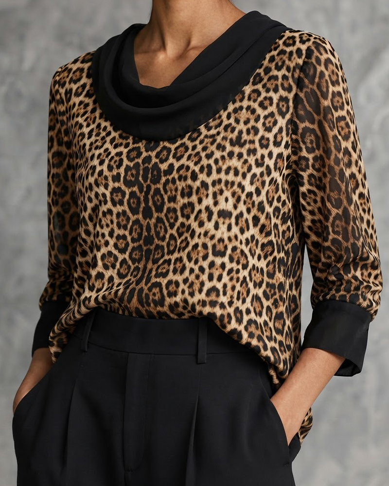 Mock Neck Leopard Elbow-Length Sleeve Blouse