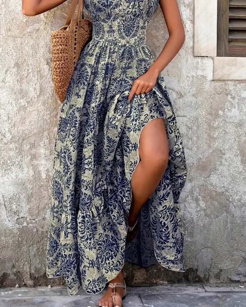 Retro Print V-Neck Cinched Waist Long Dress