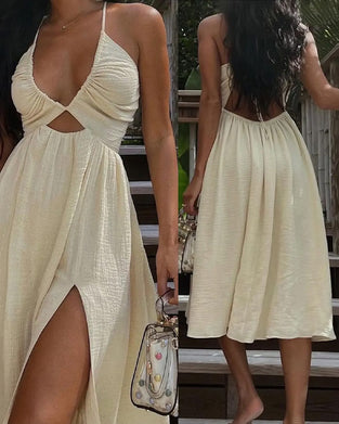 Textured Cut-Out Spaghetti Strap Midi Dresses