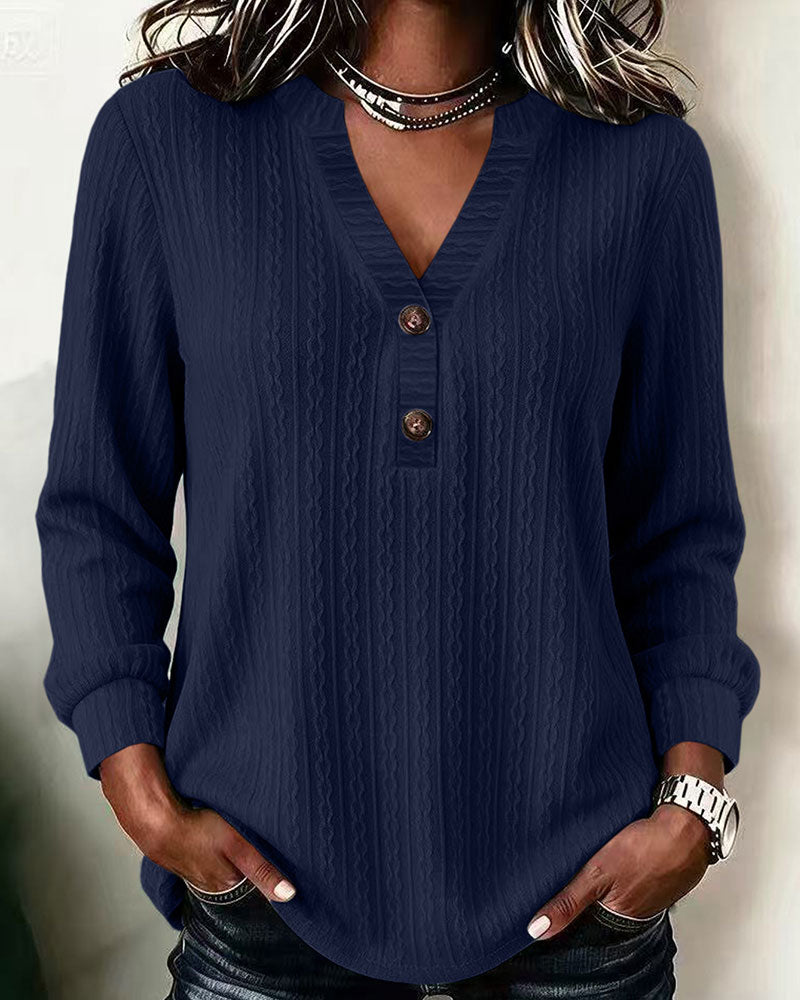 Solid Color Ribbed V-Neck Button-Down Top