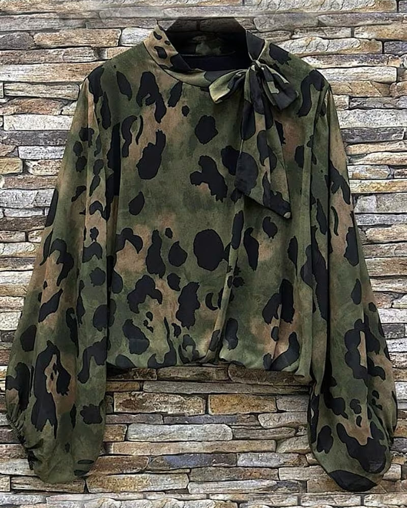 Camo Leopard Print Scarf Tie Puff Sleeve Blouse