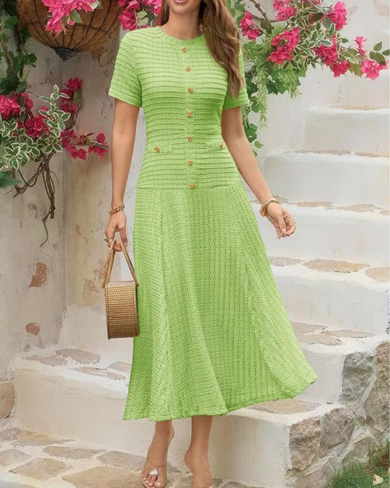 Crew Neck Slim Fit Button Patchwork Dress