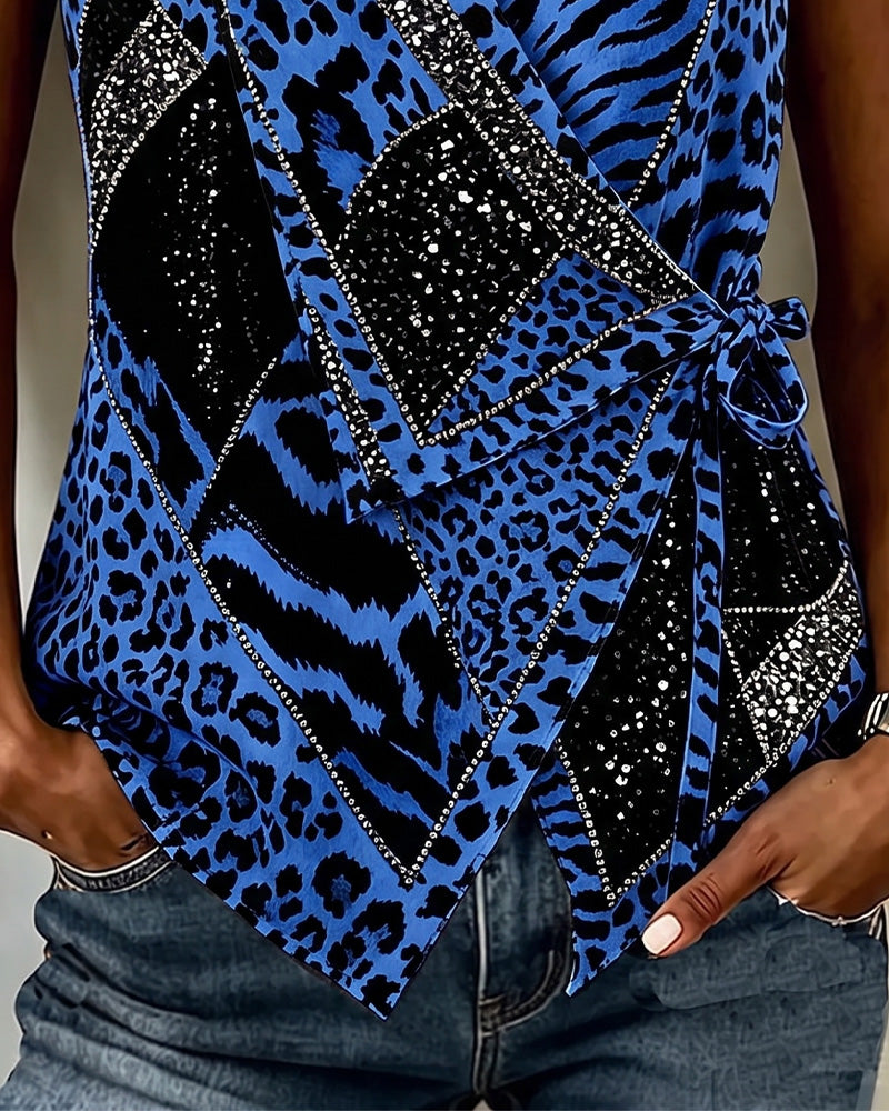 Leopard Print Tie Front Sleeveless Blouse