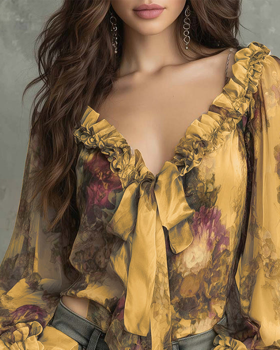 Lotus-Print Elegant Blouse