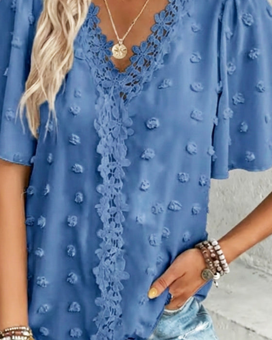 Spliced Jacquard Ruffle Sleeve Blouse
