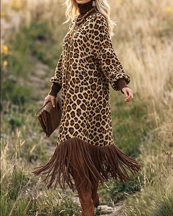 Leopard Print Fringed Lantern Sleeve Dress