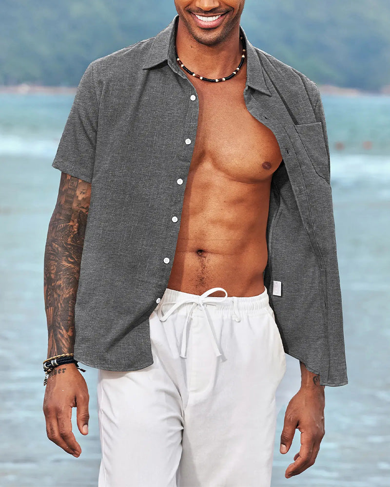 Men's Linen Short Sleeve Button Down Shirt, Casual Summer Beach Dress Shirt