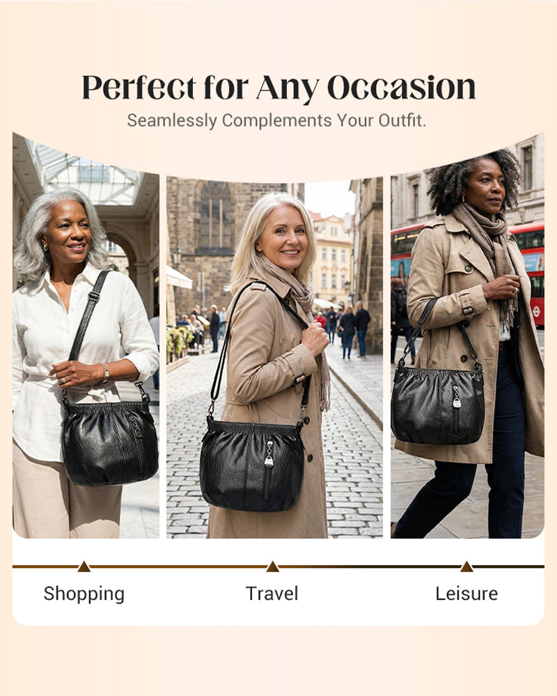 Casual Pleated Bucket Soft Leather Handbag