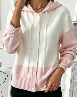 Color Block Hooded Single-Breasted Knit Cardigan