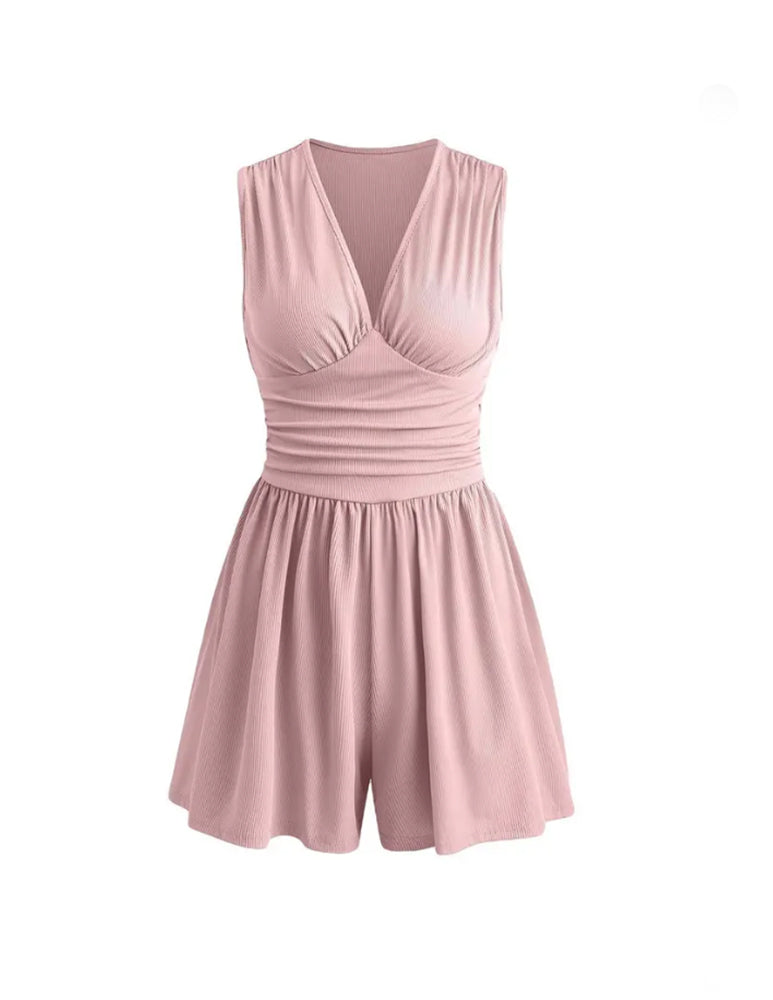 V-Neck Pleated Waist Cinch Jumpsuit