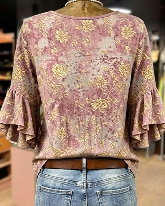 Retro Print Loose Ruffle Blouse