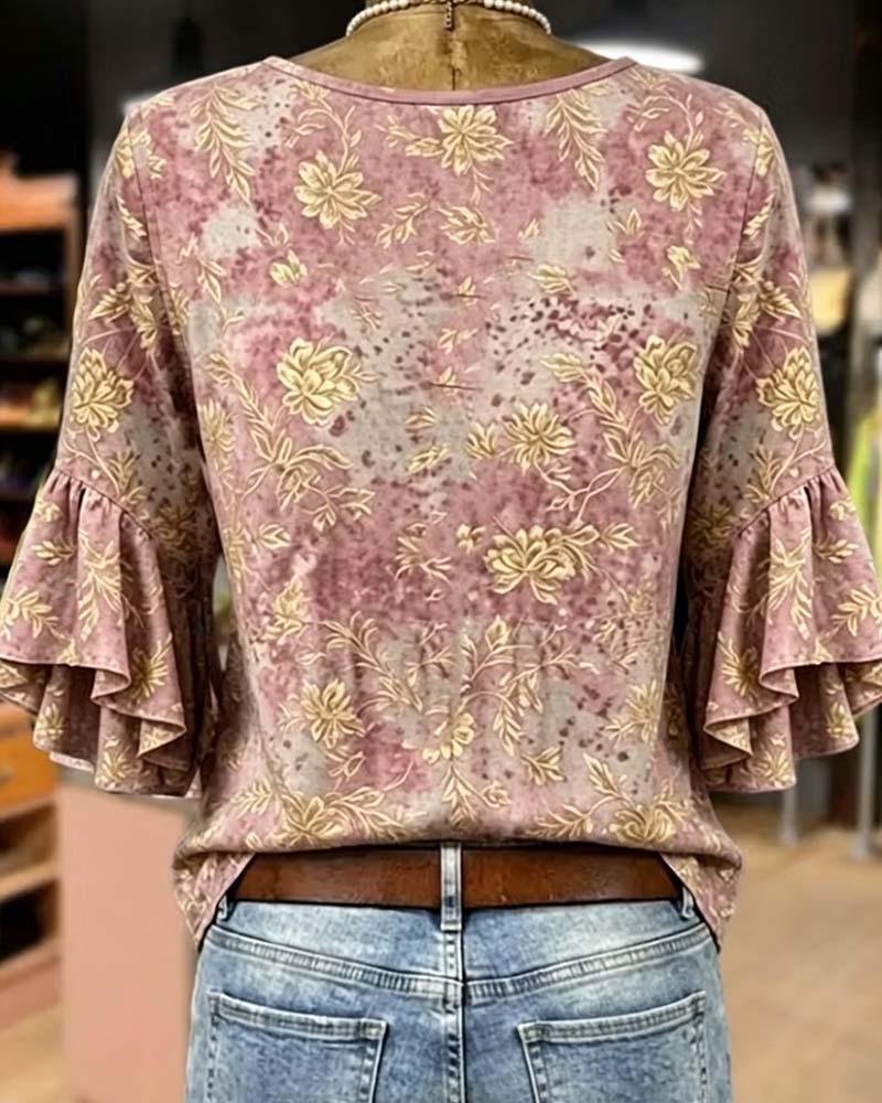 Retro Print Loose Ruffle Blouse