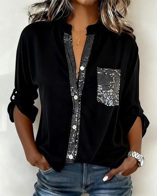 Paneled sequin button casual top