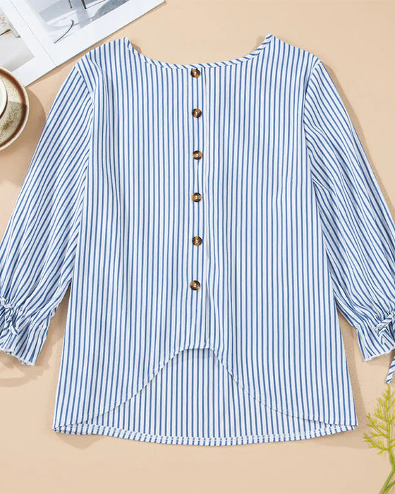 Striped Crew Neck Bubble Sleeve Blouse
