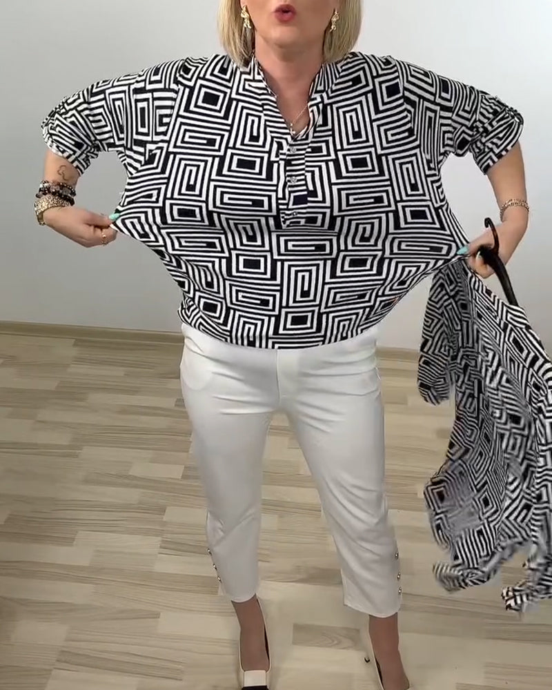 Geometric Semi-Open Collar Three-Quarter Sleeve Shirt