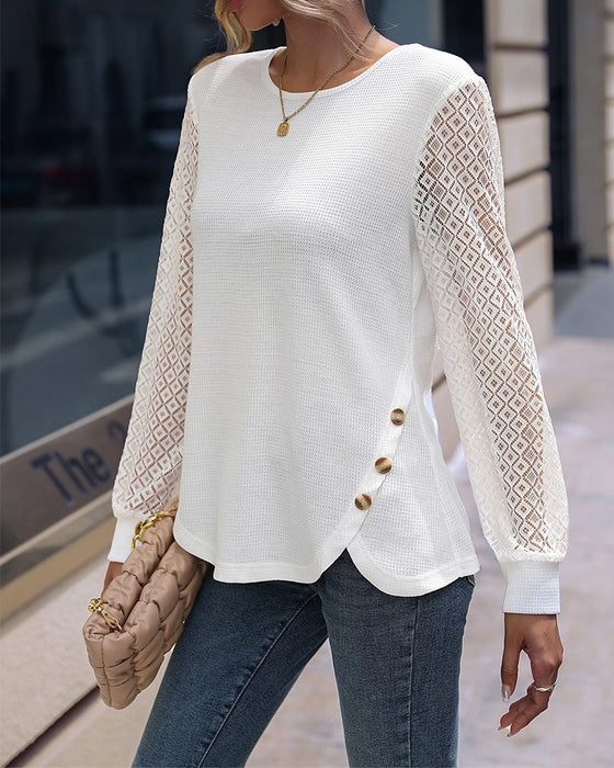 Button-Up Design Lace Long-Sleeved Round Neck Top