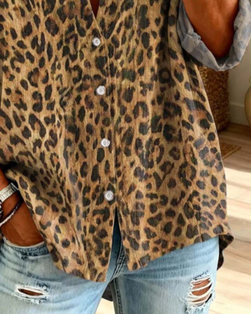 V-Neck Button Leopard Long Sleeve Shirt