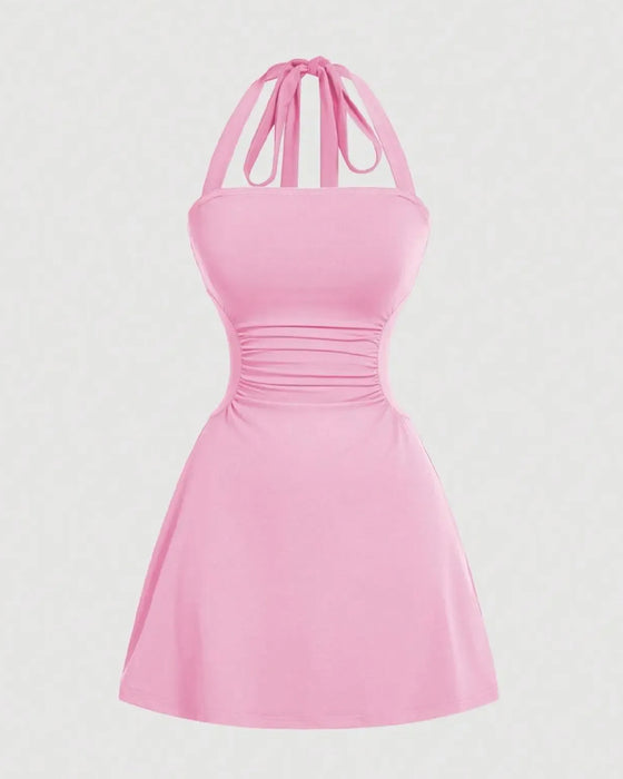 Halterneck Bandage Waist Shirred Dress