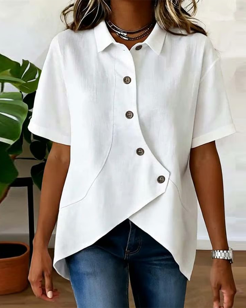 Asymmetrical Cotton Linen Placket Button-Down Shirt
