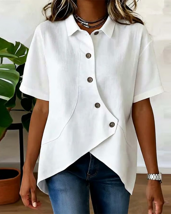 Asymmetrical Cotton Linen Placket Button-Down Shirt