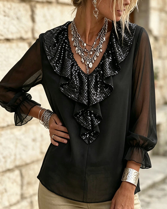 Stylish V-Neck Lace Trim Sheer Blouse