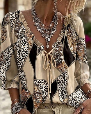 V-Neck Leopard Puff Sleeve Tie Blouse