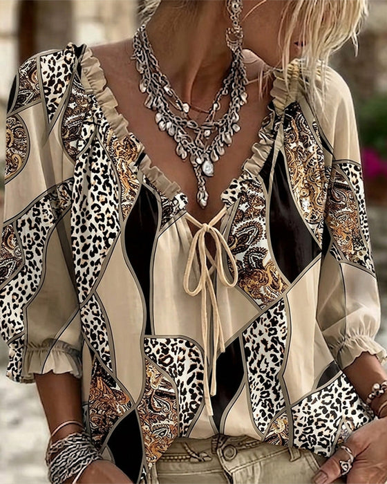 V-Neck Leopard Puff Sleeve Tie Blouse