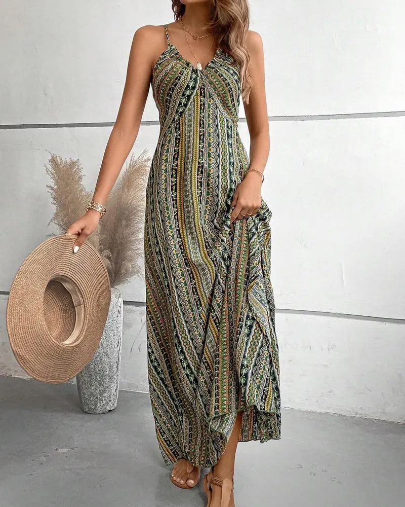 Spaghetti Strap Print Beach Slit Dress