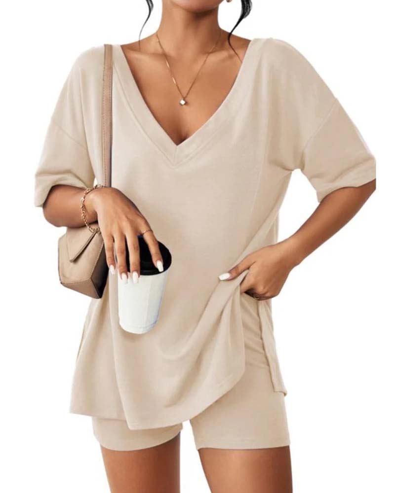 Solid Color V-Neck Sportswear Two-Piece Set
