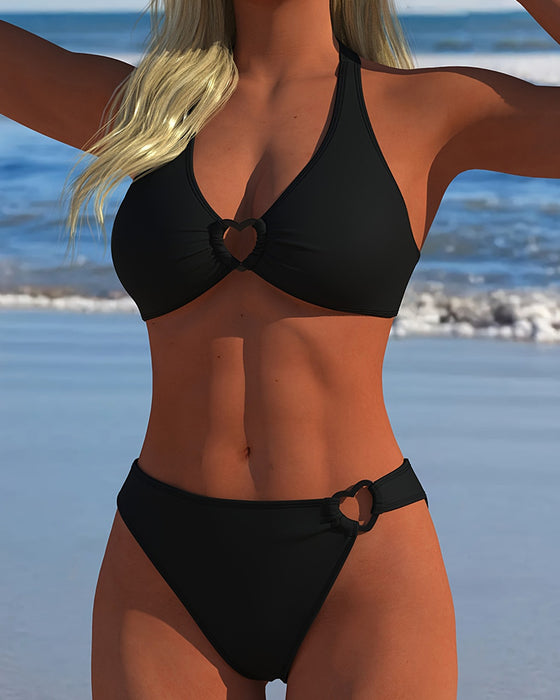 Halter Heart Buckle Solid Color Bikini