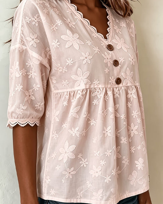 Three-Dimensional Flower V-Neck Half Sleeve Blouse
