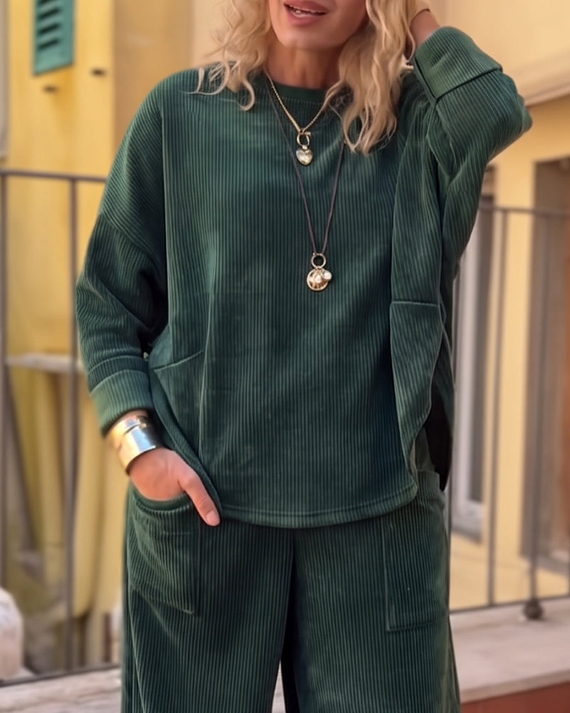 Solid Color Casual Round Neck Set