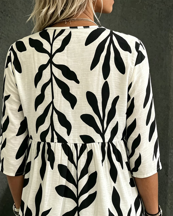 V-Neck Loose Print Short Sleeve Blouse