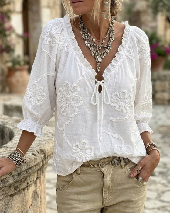 100% Cotton V-Neck Wrap Tie Ruffled Blouse