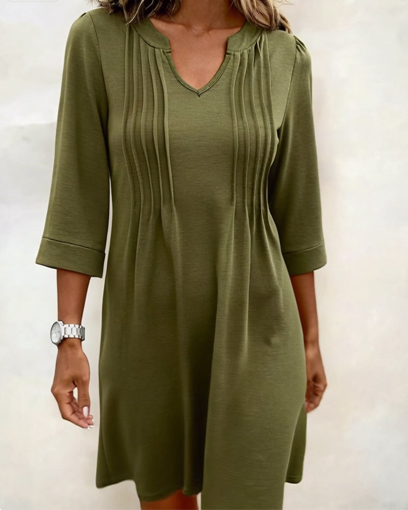 Half-Sleeve Pleated A-Hem V-Neck Dress