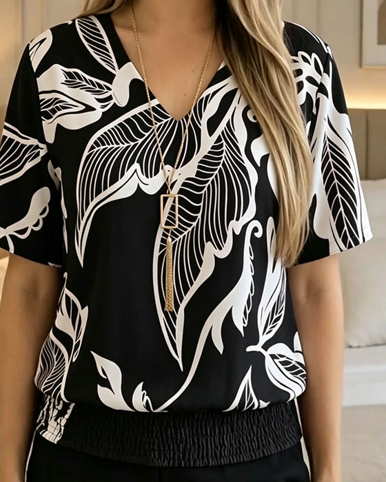 Floral Print Elastic Hem Short Sleeve Blouse