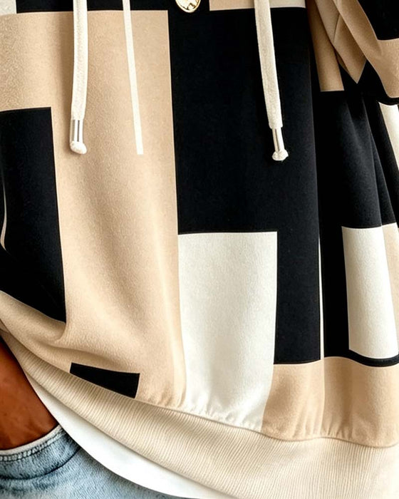 Geometric Print Color Block Drawstring Sweatshirt