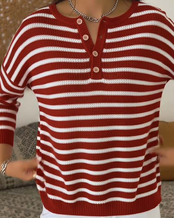 Striped Half-Open Buttoned Pullover