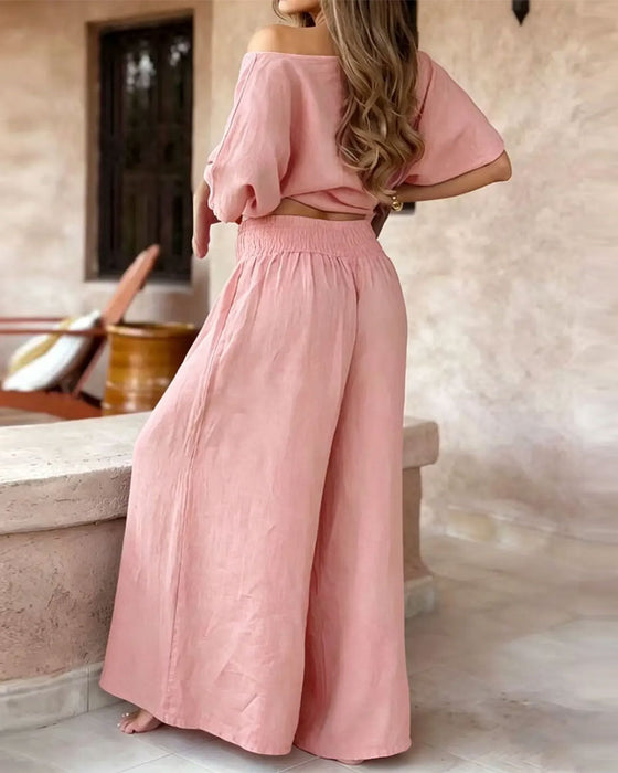 Solid Color Bat Sleeve Top Wide Leg Pants Set