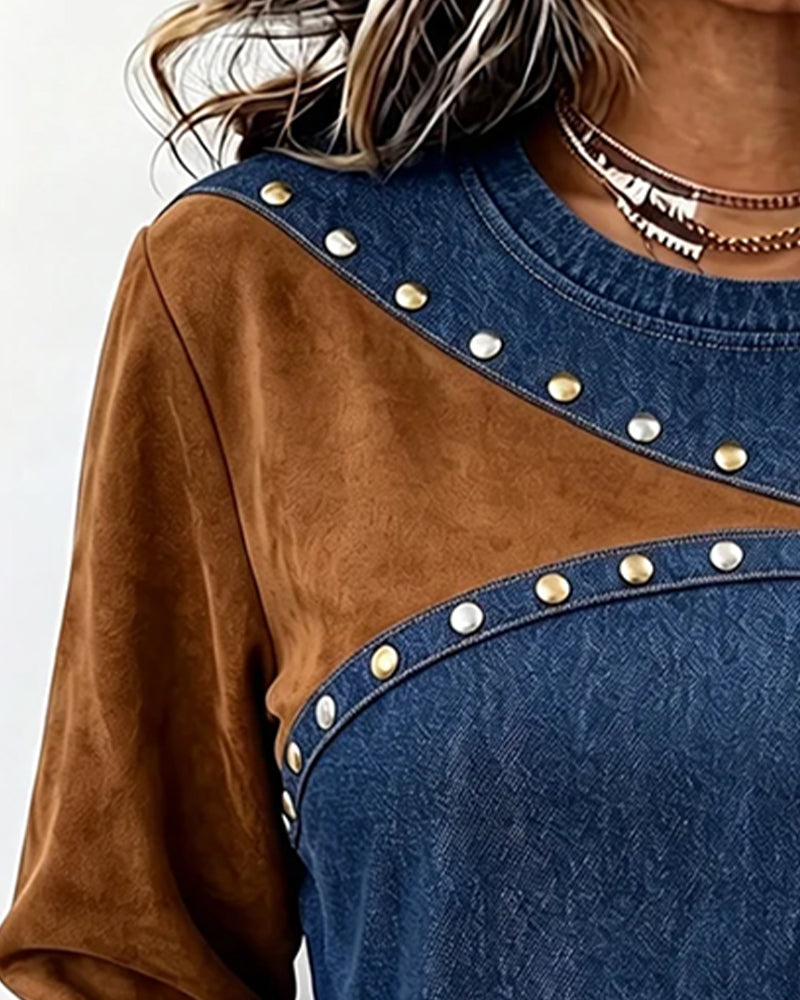 Crew Neck Denim Spliced Color Block Top