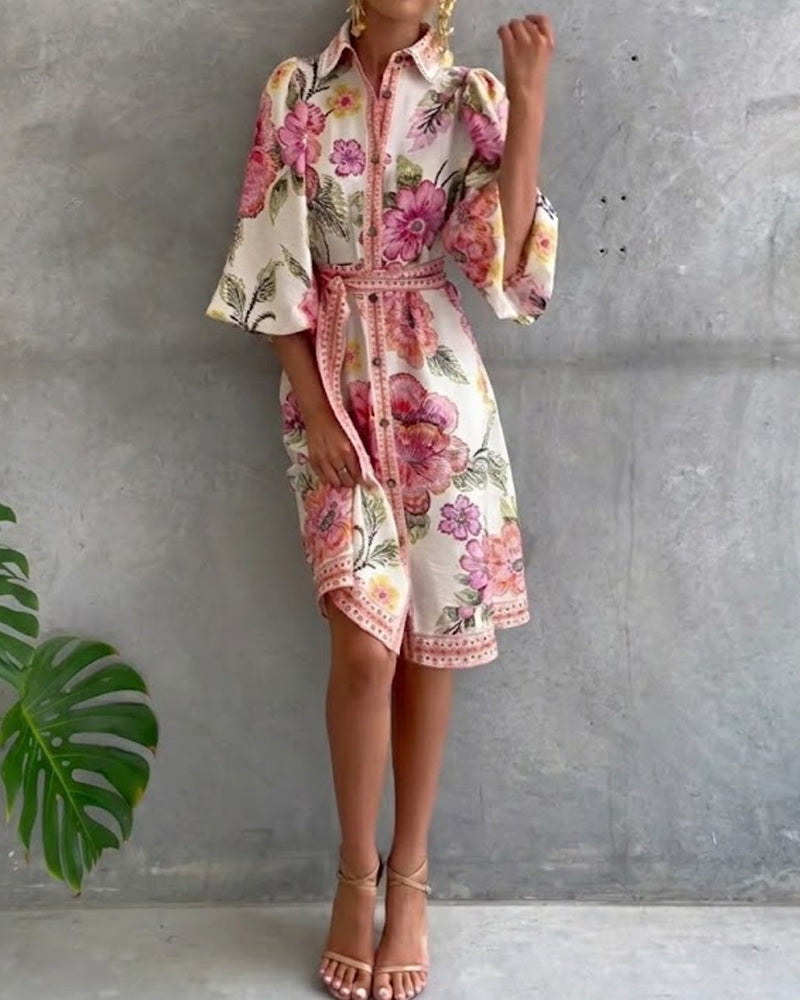 French Lantern Sleeve Notched Collar Printed Dress
