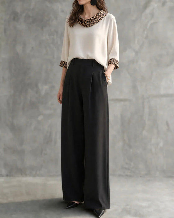 Leopard Panel Cowl Neck Elbow-Length Sleeve Blouse