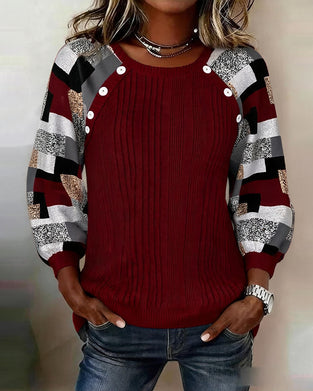 Plaid Patchwork Crew Neck Pullover Top
