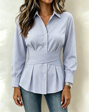 Striped Waist-Cinch Belted Blouse